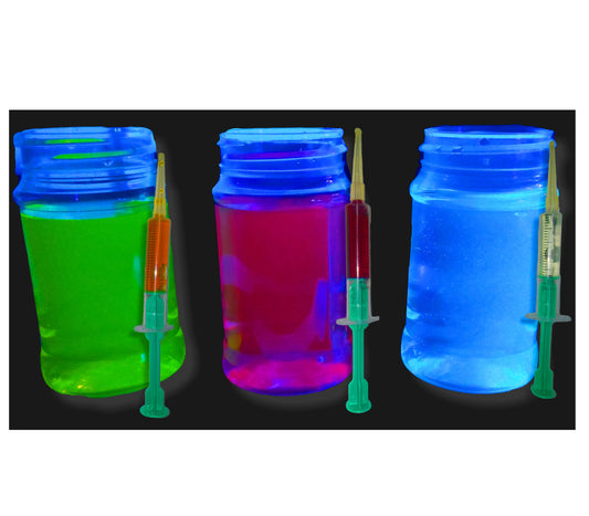 Glowing fluorescent dye. Liquid: Neon UV Blacklight Reactive Concentrate